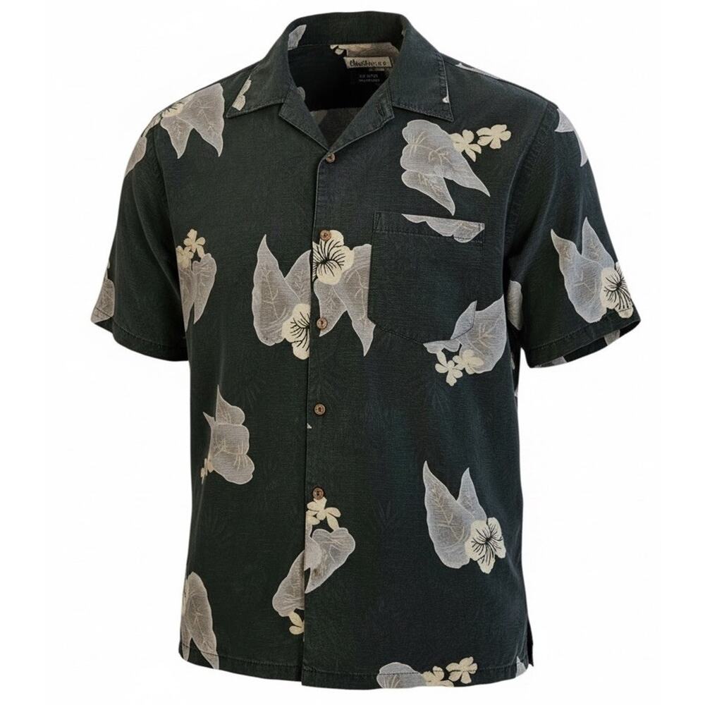 Firethorn Hawaiian Shirt Mens‎ Large L Green Textured Silk Floral All Over Print